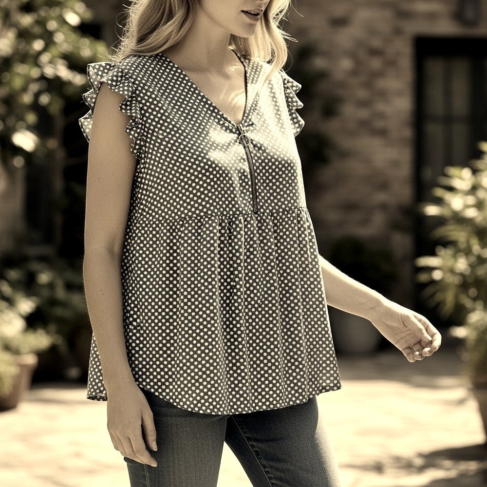 Premise Women Gray White Polka Dot V-Neck Zip Front Cap Sleeve Blouse Top Size S